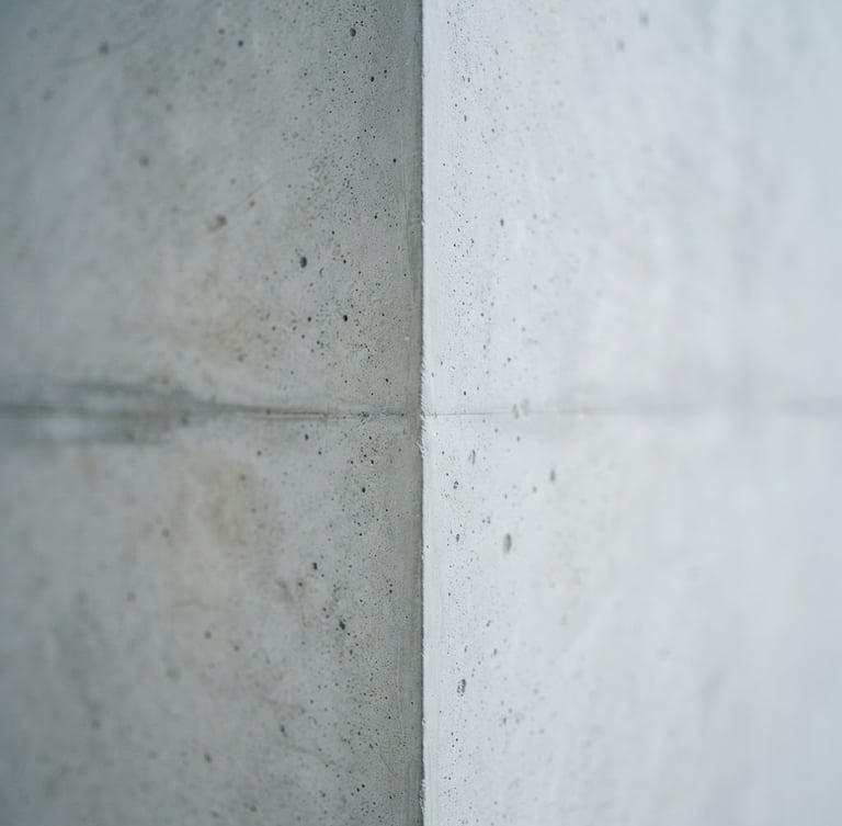 Macro detail of a clean architectural concrete corner under cool overcast daylight, sharp focus, 35mm