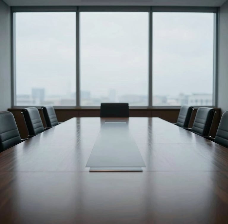 An empty corporate boardroom with natural light reflecting off a polished dark wood table, cool overcast daylight, desaturated tones