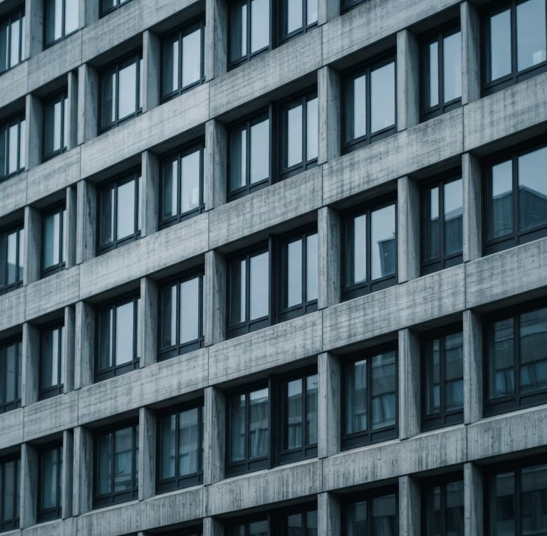 A sharp architectural crop of a modern concrete office facade under cool overcast daylight, soft shadows, desaturated blue tones, 35mm photography