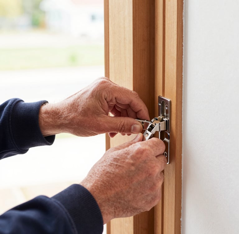 Close-up action shot of a professional carpenter's hands installing a clean wooden door hinge in a bright Richmond home, sharp editorial photography, bright natural daylight, high contrast red and black tones, crisp details, 35mm