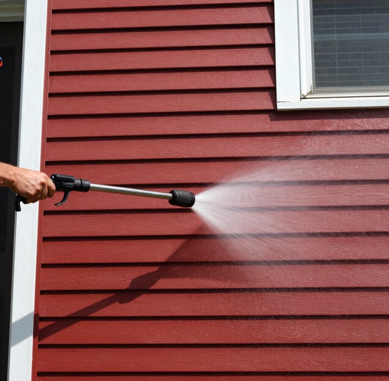 Sharp editorial photography of professional pressure washing on vinyl siding of a Richmond VA home, bright natural daylight, high contrast red and black tones, 35mm