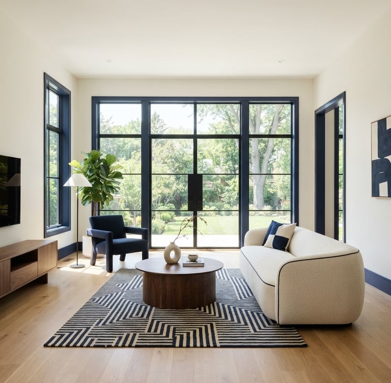 Architectural photography of a minimalist modern living room with pristine off-white walls, sharp navy trim, and bright natural daylight streaming through large windows.