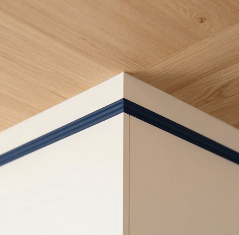 Extreme close-up of a perfect paint edge meeting a natural oak ceiling, crisp lines, bright natural daylight, warm cream and navy tones