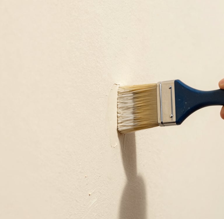 Extreme close-up of a perfectly straight paint line being cut with a pristine brush on a warm cream wall, sharp focus, 35mm lens.