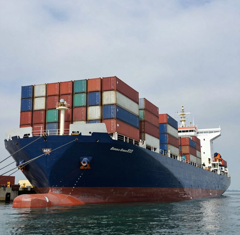 Low-angle heroic shot of a massive industrial container vessel docked at a Nigerian deepwater port under an overcast maritime sky, sharp architectural shadows, high-contrast natural light.