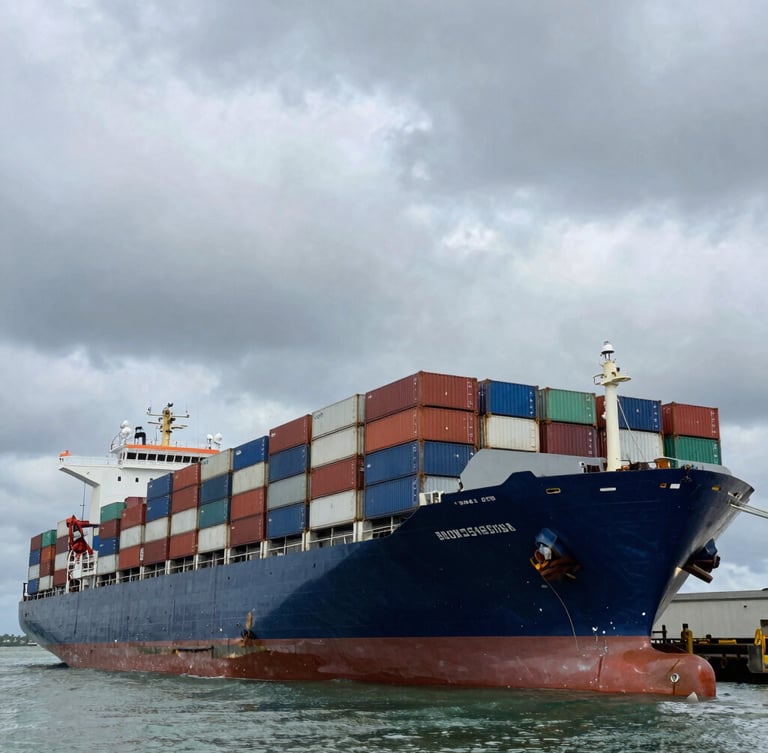 Low-angle heroic shot of a massive container ship docked at a busy Nigerian port under a dramatic, overcast maritime sky.