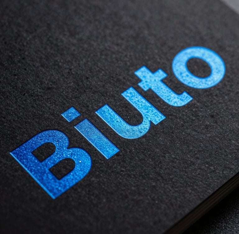 Tight macro shot of a physical brand book with electric blue foil lettering on matte black paper, dynamic studio lighting, high contrast.