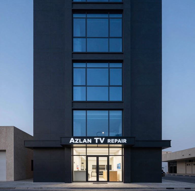 Clean storefront of Azlan TV Repair at Spring Oasis Tower in Dubai Silicon Oasis, straight-on architectural shot during dusk