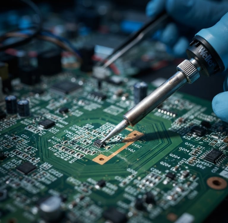 Extreme macro close-up of a technician using a fine soldering iron on a green television motherboard, cool focused studio lighting, electric blue accents, shallow depth of field