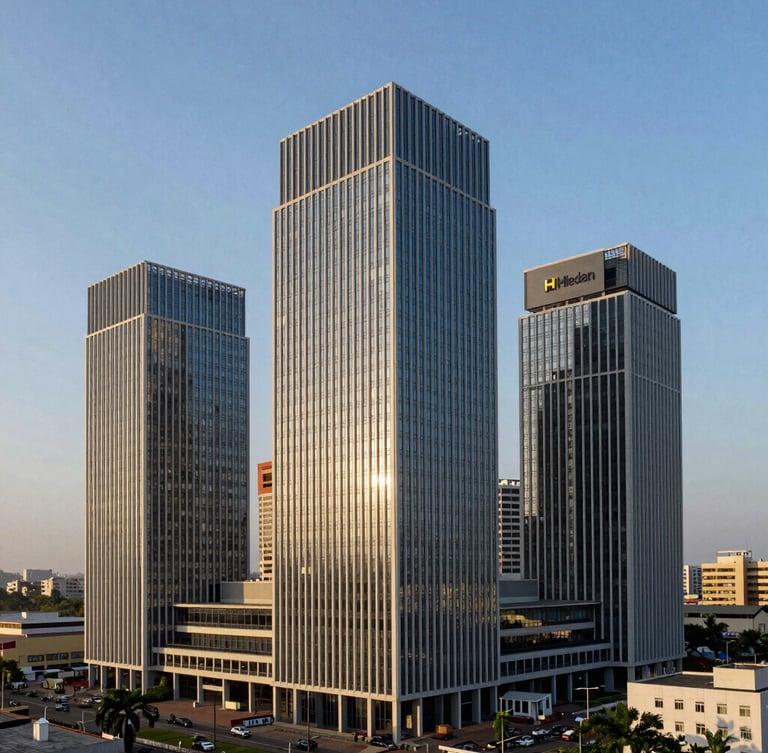 Vue aérienne grand angle du quartier des affaires du Plateau à Abidjan, architecture moderne sous une lumière de fin d'après-midi, lignes géométriques épurées.