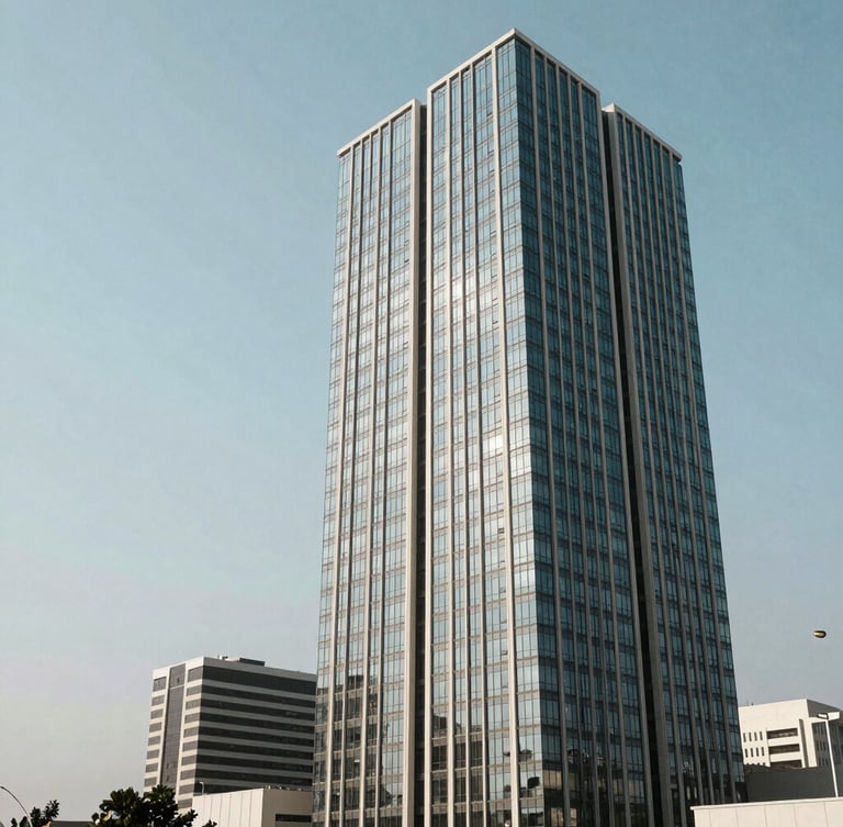 Wide environmental view of a modern high-rise office in Abidjan Plateau district, clean architectural lines, bright natural daylight reflecting on glass facades, negative space on the left.