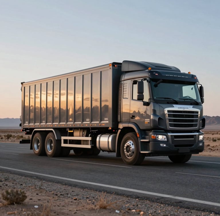 Side view of a heavy-duty commercial cargo truck driving on a clean desert highway at dawn, metallic highlights, sharp focus, industrial photography.