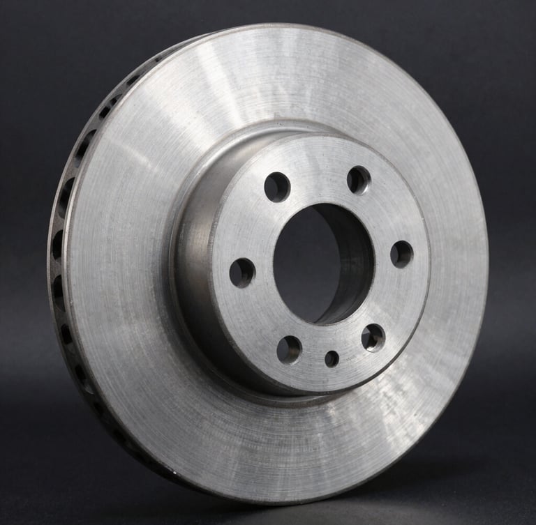 Macro detail shot of a metallic truck brake disc showing precision machining, clean steel textures, high-contrast studio lighting, dark charcoal background