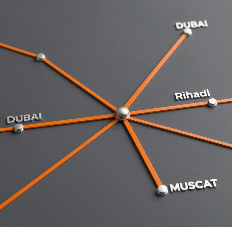 Technical vector-style route map showing shipping lines radiating from Dubai to Riyadh and Muscat, clean industrial gray background, high-contrast orange route lines.