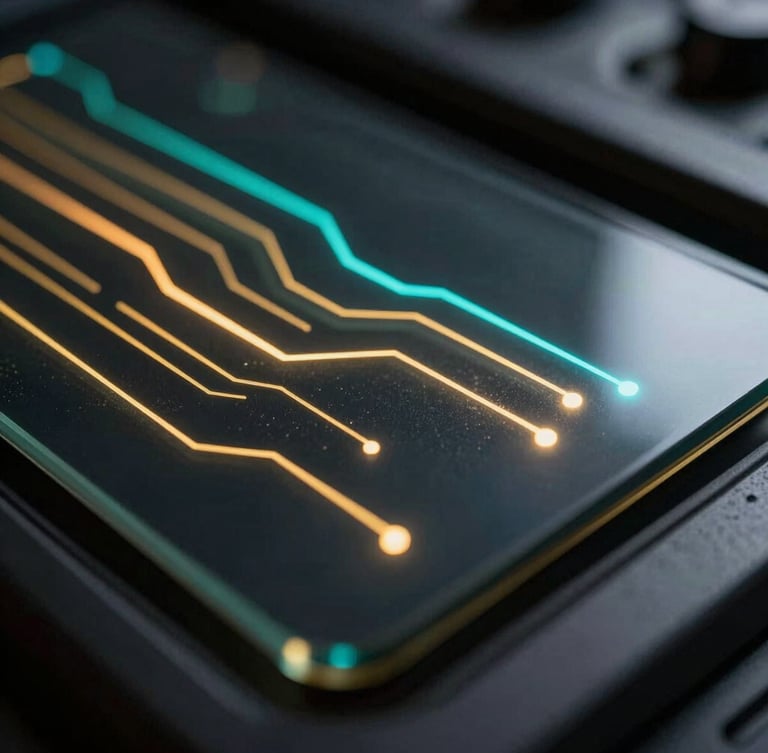 Macro close-up of a dark glassmorphic dashboard showing glowing gold and cyan algorithmic lines, high-contrast cinematic lighting with sharp edge-glows