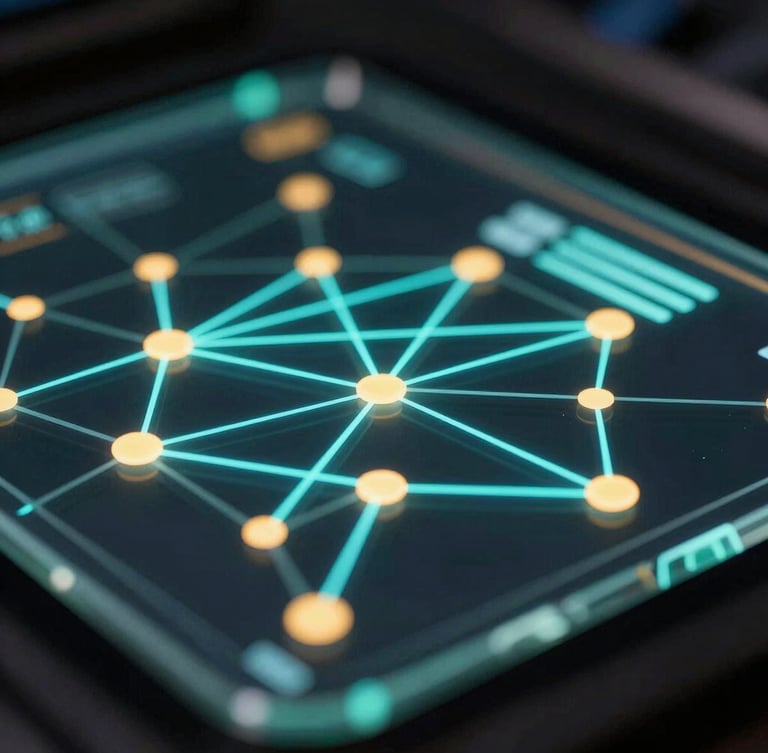 Macro close-up of a glassmorphic dashboard interface, glowing neon cyan data lines connecting golden nodes, dark background with cinematic depth of field.