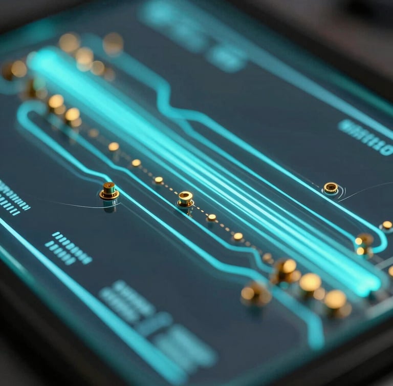Macro close-up of a high-tech glassmorphic interface showing detailed data flows, glowing cyan paths, and gold micro-components.