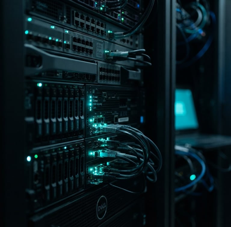 Sleek dark-mode technology photography, macro shot of a server rack with glowing neon teal status lights, deep obsidian background, sharp focus, 35mm lens