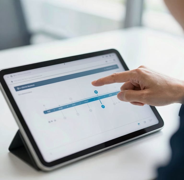 Close-up of a corporate advisor pointing at clear digital timeline graphics on a tablet screen, bright natural daylight, clean workspace.