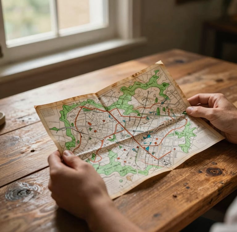 Hands holding a worn, hand-drawn map over a rustic wooden table, soft window light, warm tones, 35mm film texture