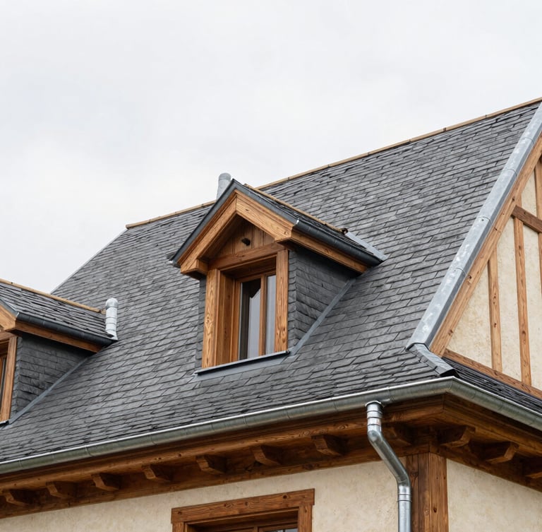 Architectural elevation of a beautifully renovated French house roof with hand-soldered zinc gutters and warm timber trim, natural overcast day, 35mm
