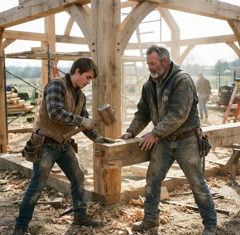 Authentic documentary shot of a father and son carpenters in workwear adjusting a massive oak timber frame on a sunny morning, sawdust in the air, 35mm
