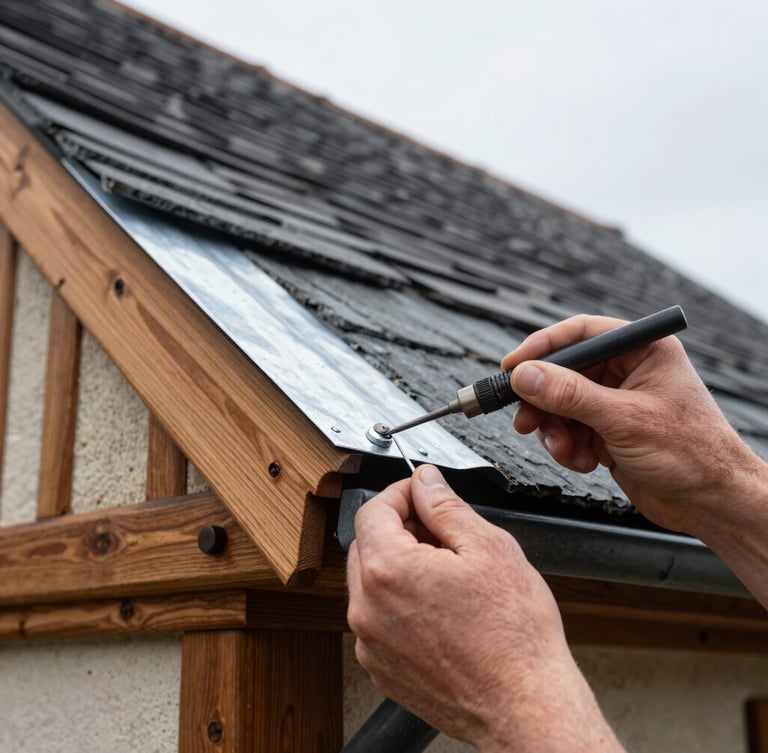 Close-up of hands soldering a zinc roof joint on a traditional French house, overcast daylight, sharp details on the metalwork, honest documentary photography