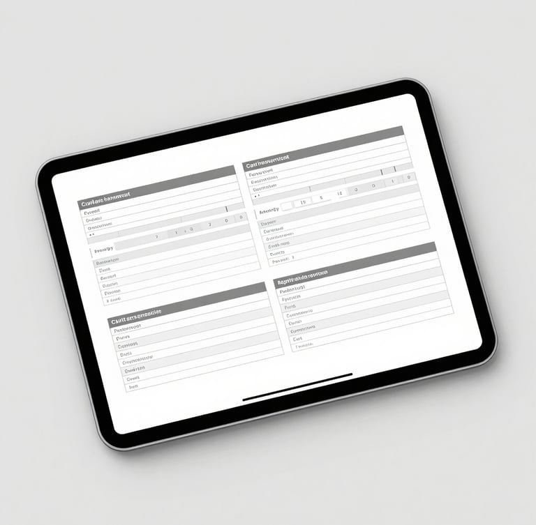 Crisp digital tablet mockup displaying a fillable PDF workbook with highlighted input fields, bright high-key studio lighting, clean gray background