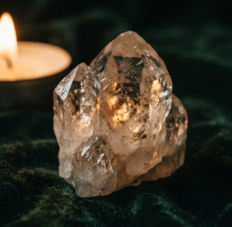 Close-up macro photography of a raw, translucent quartz crystal reflecting warm golden candlelight, deep forest green velvet background, mystical-noir editorial style