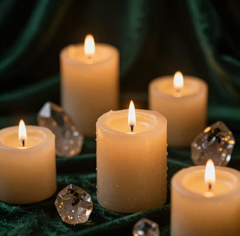 Close-up macro of beeswax candles burning softly in a dim room with dark green velvet background, golden light catching raw quartz crystals, mystical atmosphere.