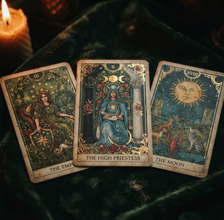 Close-up macro of elegant tarot cards laid out on a dark velvet surface with warm candlelight highlights, deep forest green and gold tones, mystical editorial photography