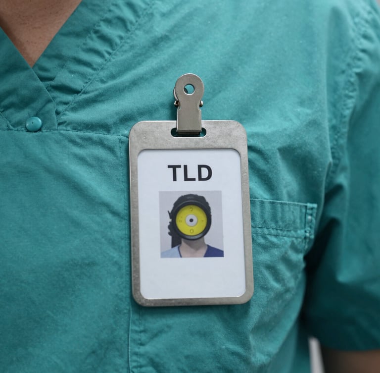 Macro shot of a personal TLD dosimeter badge clipped to a clean teal clinical scrub uniform, sterile laboratory lighting.