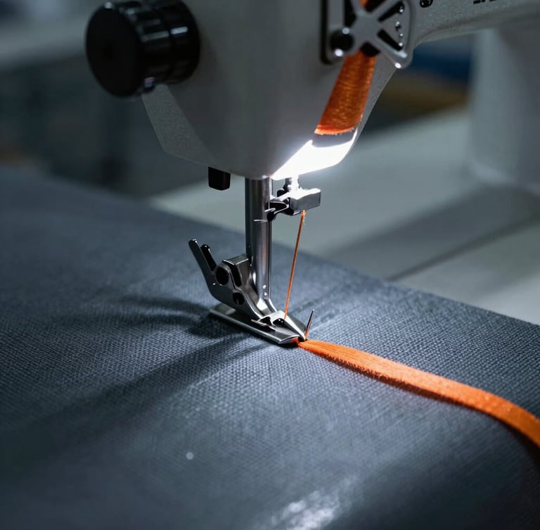 Macro close-up of heavy industrial sewing machine needle piercing thick canvas, high-contrast cool fluorescent lighting, desaturated slate tones with safety orange thread.