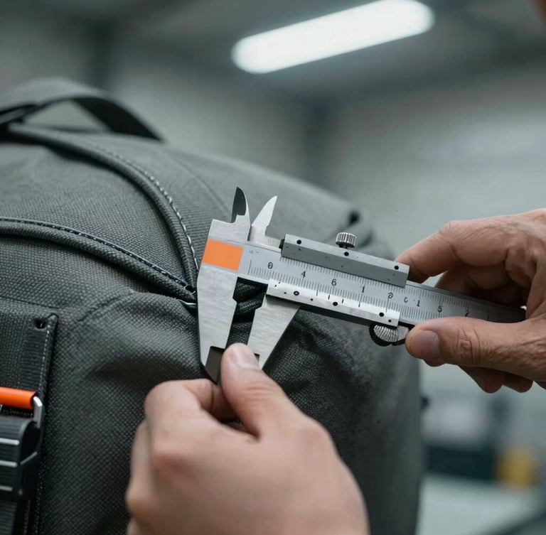 Close-up macro shot of an engineer's hands using a steel caliper to measure the seam tolerances of a heavy canvas bag, cool industrial lighting, desaturated slate tones with safety orange markings on the caliper.