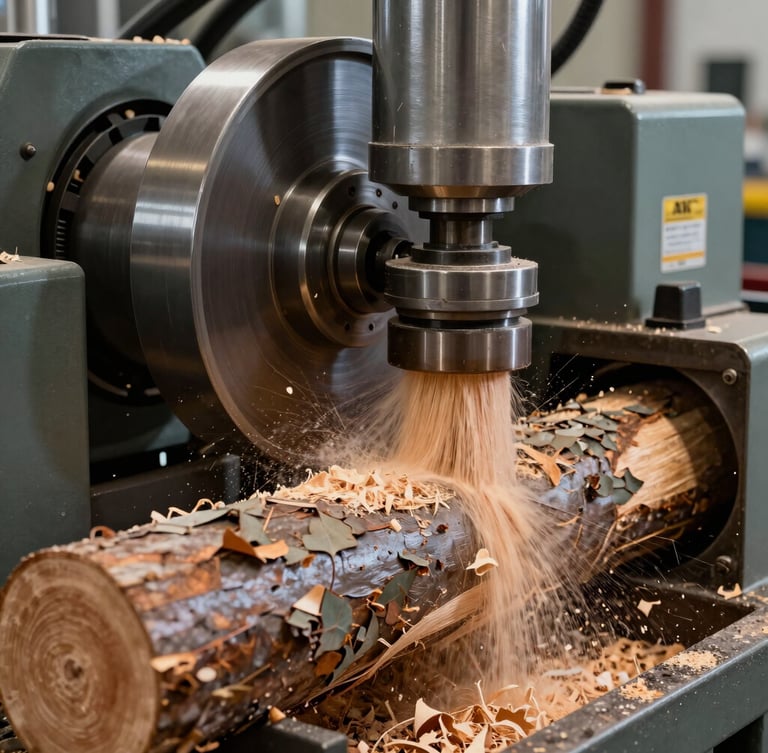 Close-up of heavy rotary peeling machinery peeling a eucalyptus log with high precision, wood shavings flying, industrial lighting.
