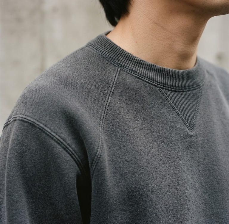A close-up vertical shot of a charcoal gray heavyweight cotton sweatshirt, focusing on the thick ribbed collar and clean shoulder seams, soft overcast daylight, desaturated neutral tones, 35mm film grain