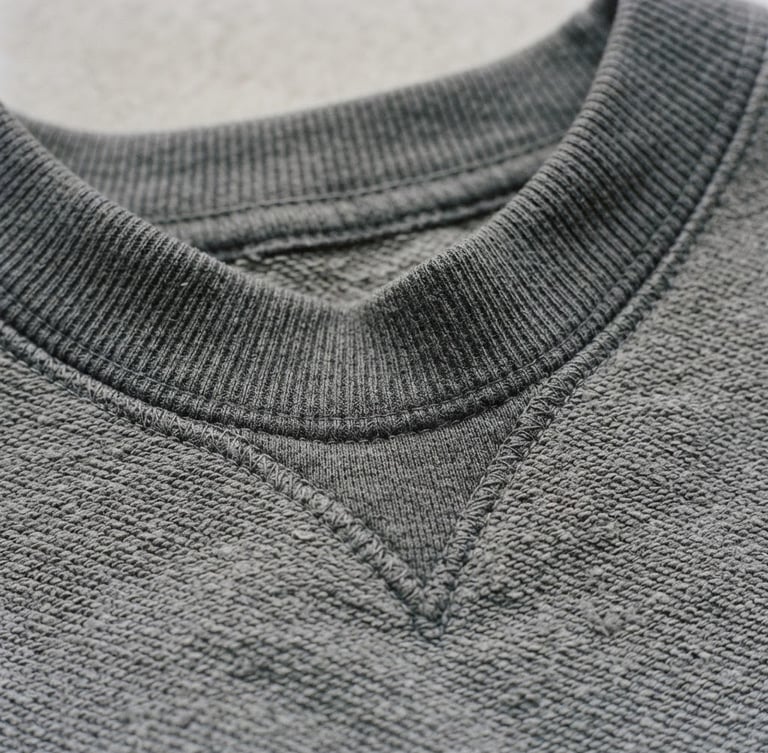 Close-up of a heavy structured grey cotton sweatshirt collar, showing thick double-needle stitching, natural overcast daylight, matte finish