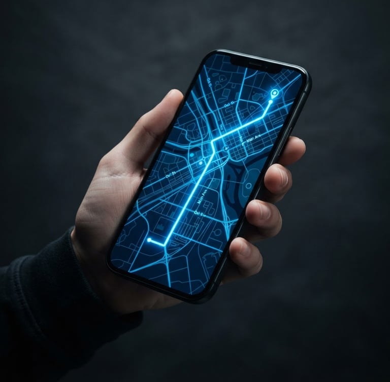 Sleek modern smartphone displaying a glowing electric blue interactive map route, high-contrast dark studio lighting, crisp tech product photography
