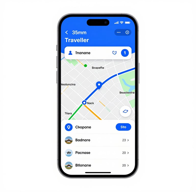 Crisp tech product photography of a smartphone screen displaying a dynamic travel itinerary map updating in real-time with electric blue accents, studio lighting