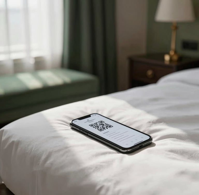 Medium-close shot of an elegant hotel room interior, a smartphone resting on a pristine white duvet showing a clean QR code menu, soft morning window light, premium hospitality aesthetic, 35mm photography