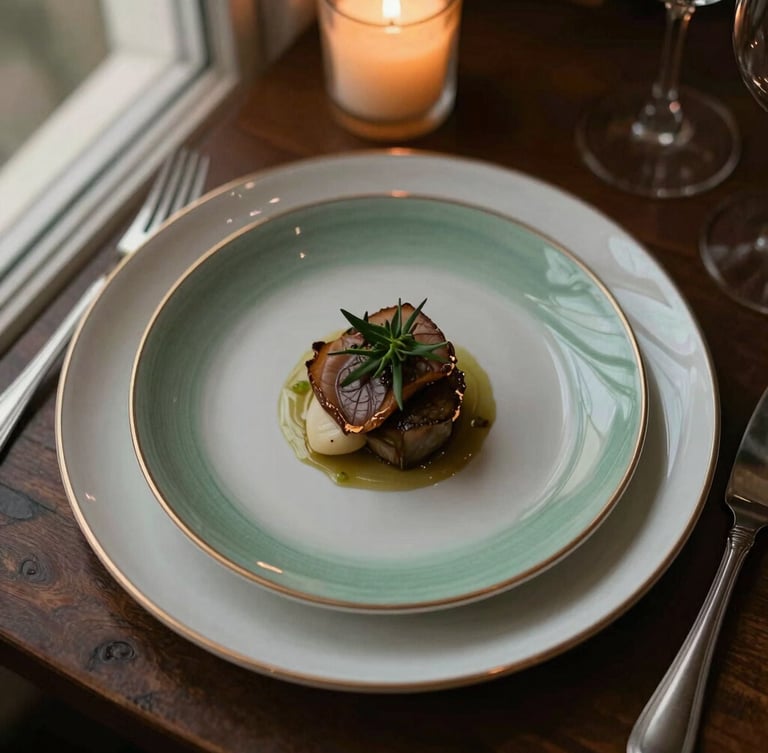 Overhead flat-lay of a premium plated dish, warm ambient lighting, elegant hospitality styling, rich muted tones, 35mm