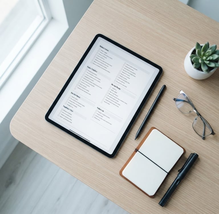 Overhead flat lay of an organized desk, a digital tablet displaying a clean clinical checklist, bright natural daylight, soft cool tones, 35mm lens