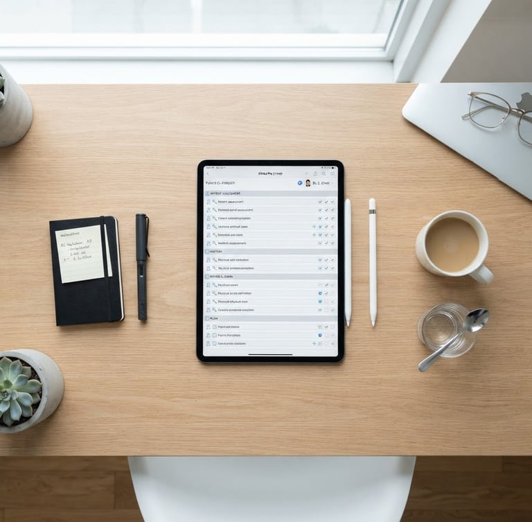 Overhead flat lay of an organized desk with a tablet displaying a structured clinical checklist, clean professional photography, bright natural daylight, soft cool tones, minimalist workspace, sharp focus, 35mm lens