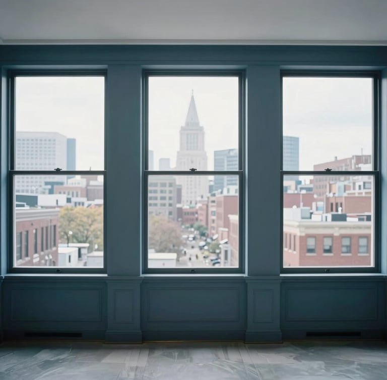 Clean professional insurance agency office interior on Charles Street Boston, soft natural window light, architectural framing