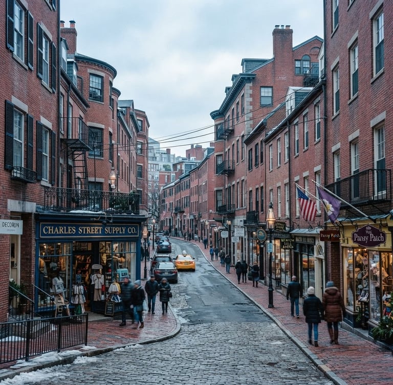 Wide-angle editorial photograph of historic Charles Street brick architecture in Boston, overcast New England daylight, cool blue and slate tones, 35mm