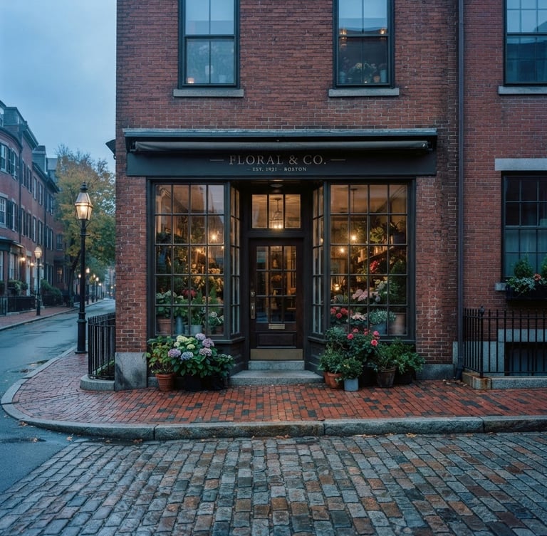Wide-angle architectural portrait of a classic brick storefront on Charles Street in Boston, soft morning blue-hour light, cobblestone sidewalk, professional and clean atmosphere
