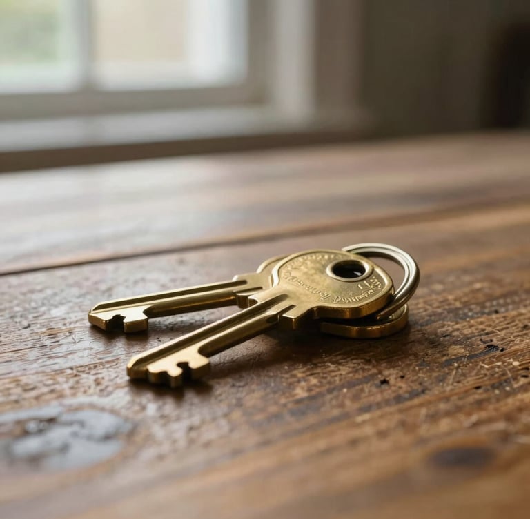 A close-up of brass house keys resting on a rustic oak table, soft morning UK daylight filtering through a window, shallow depth of field.