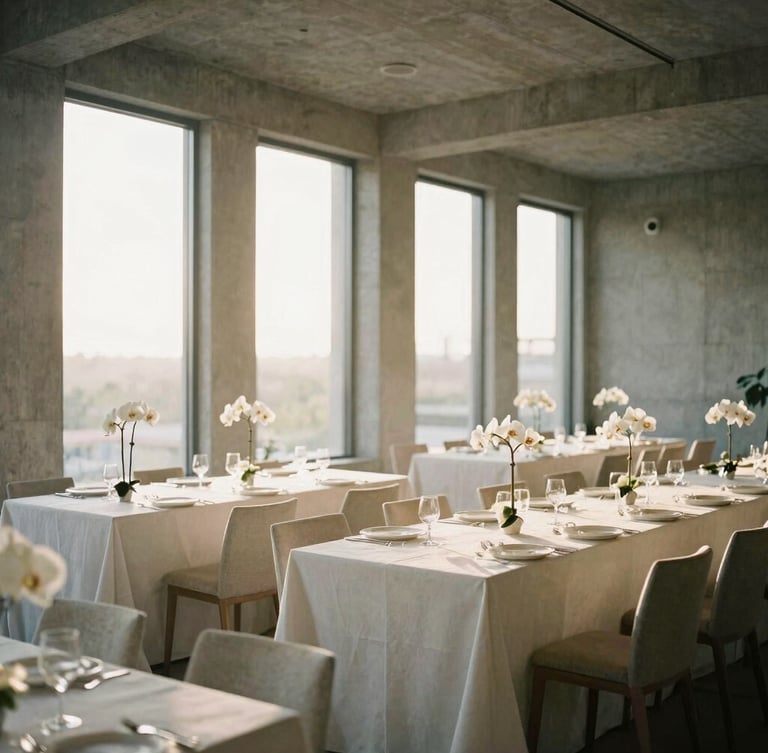 Cinematic wide-angle shot of a minimalist wedding reception in an architectural concrete venue, soft golden hour light streaming through tall windows, long clean tables with white linen and single-stem white orchids, 35mm film style.