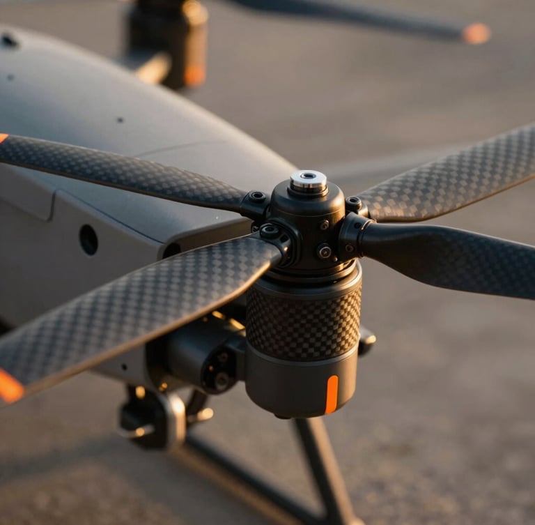 Extreme close-up of a professional heavy-lift drone carbon-fiber propeller and motor, safety orange markings, crisp morning light.