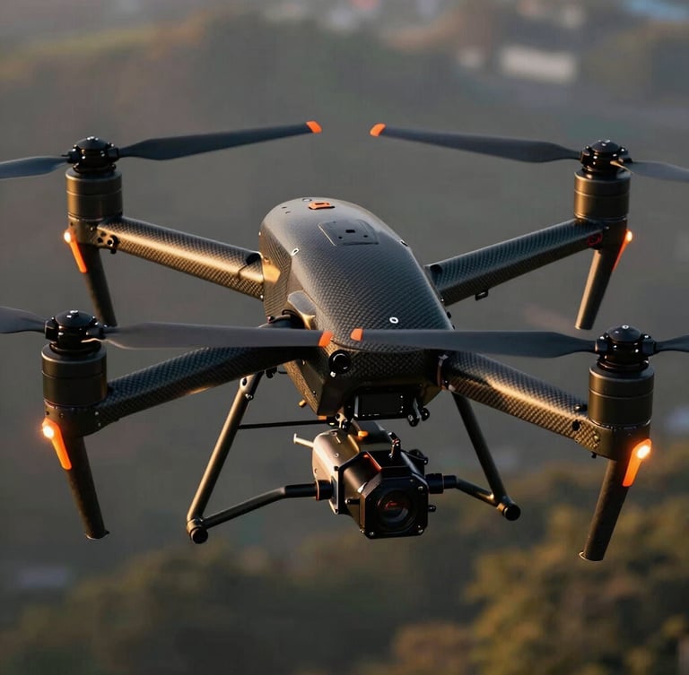 Extreme close-up of a professional heavy-lift drone rig with carbon fiber rotors, orange safety markers, crisp morning light, sharp technical details, 35mm